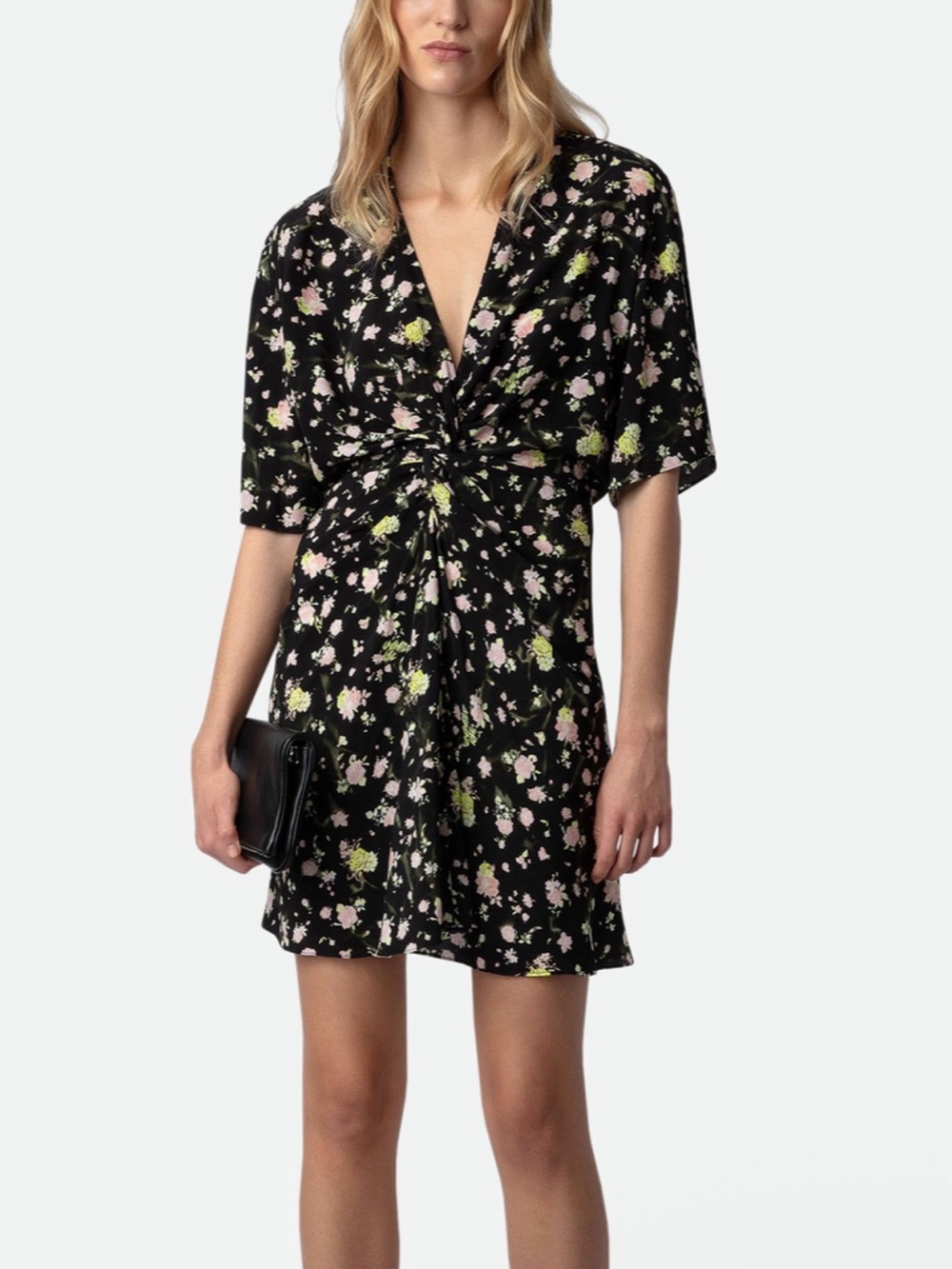 Zadig & Voltaire Rozom Black Floral Twist-Front Mini Dress - Pink & Green Print